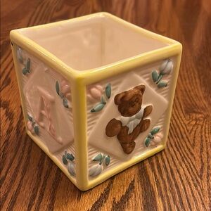Yellow ceramic planter / caddie nursery decor with lamb, teddy bear and flowers